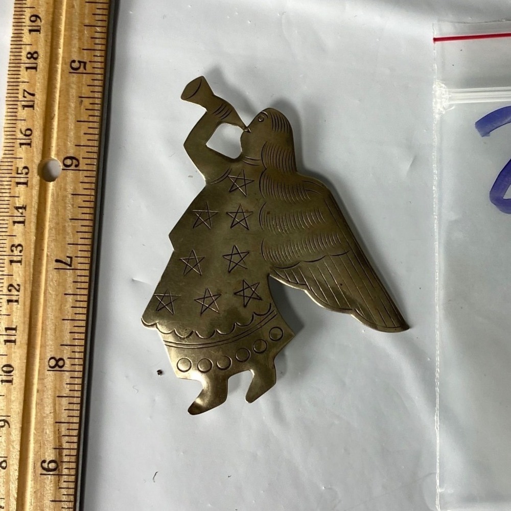 Vintage Brass Angel Christmas Ornament Etched Stars Trumpet Gold Tone Holiday